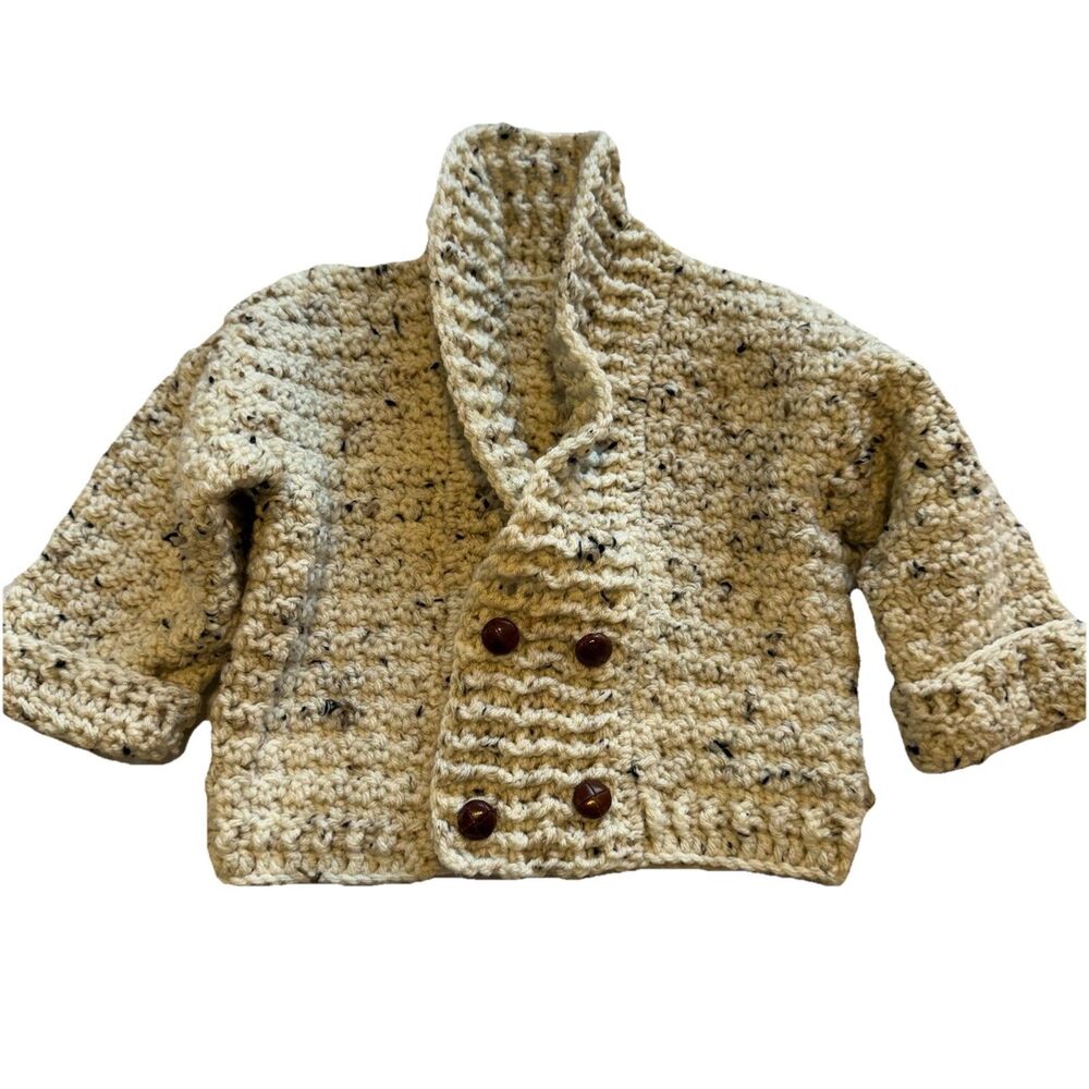 Handmade Crocheted Baby Cardigan 12–18 Months Neutral Speckled Leather Buttons